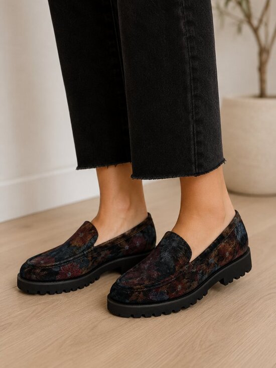 Ron White Shoes - Ron White Rita Black Floral Metallic Floral Printed Cashmere Suede Loafers Sz 37